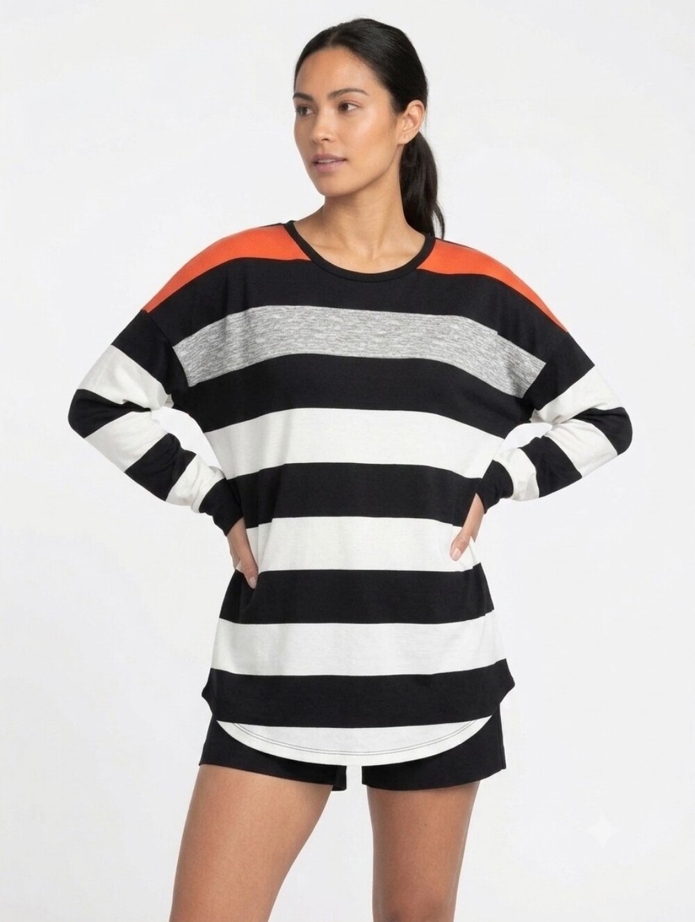 Striped Long Sleeve Top with Orange Shoulder Detail Up To Size 3XL
